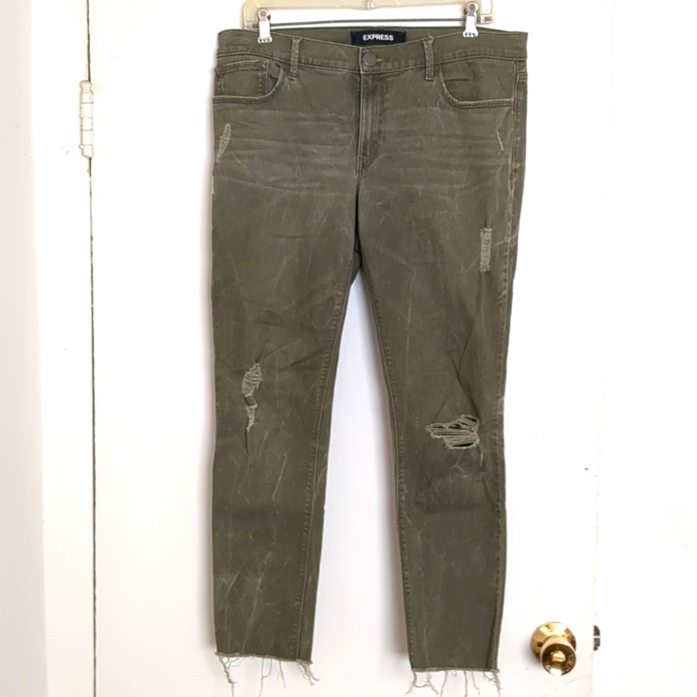 Express Ankle Legging Jeans Womens 10R Green Mid Rise Distressed Torn Raw Hem